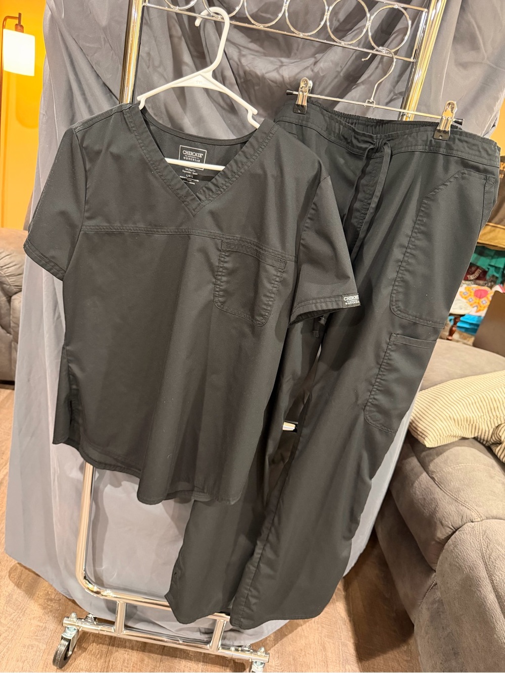 Cherokee Black Women's Scrub Top and Cargo Pants Set- large top large bottom